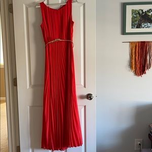 Coral Pleaded Maxi Dress with skinny gold belt